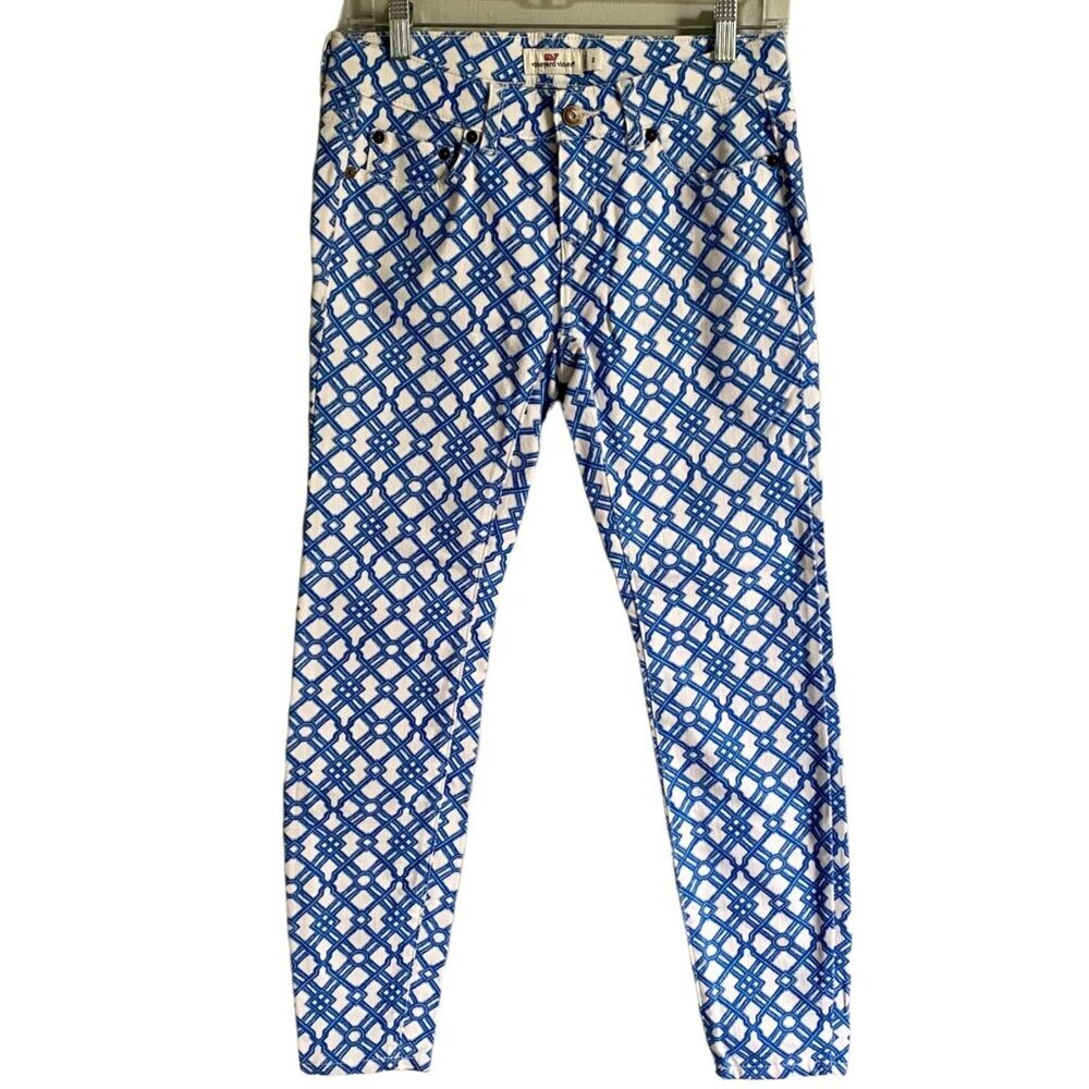 Vineyard Vines Blue White Geometric Slim Fit Tapered Pants Women' s Size 2